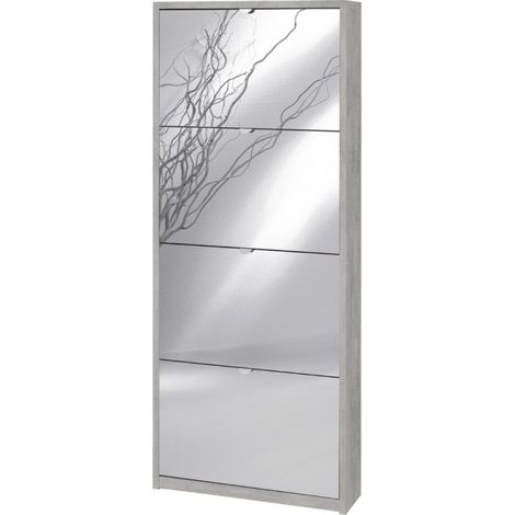 Platzsparendes schmales Schuhregal mit vier Spiegeltüren Beton Cemento 63x18x h154 cm (1/2)