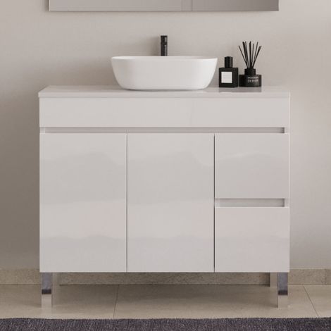 Meuble de salle de bain 90cm sur pieds avec plateau et une cuve à poser arrondie - sans miroir - portes et tiroirs - blanc brillant - HARO