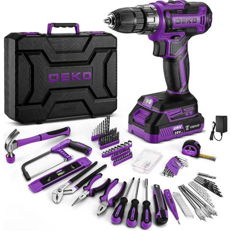 Caisse à Outils Complète 186 Pièces: Boîte à Outils Violet avec Perceuse Visseuse Sans Fil 20V, 1.5Ah Batterie, pour Maison, Bureau et Voiture, pour Entretien Quotidien (1/5)
