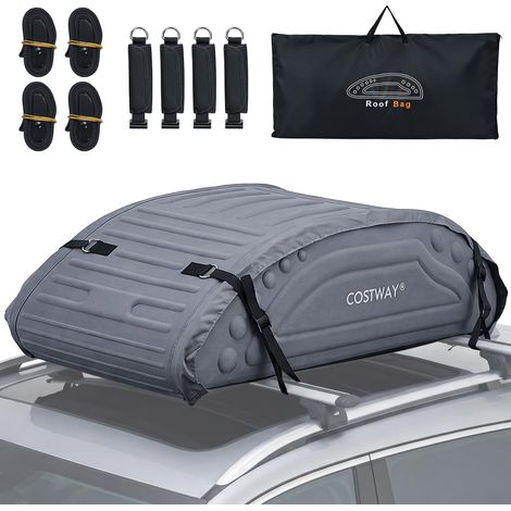 COSTWAY Borsa da Tetto per Auto Impermeabile 14Cu.Ft/400L, Box Tetto Universale Pieghevole con Borsa+ 4 Cinghie Rinforze+ 4 Ganci, Portabagagli per Tutti i Veicoli con/senza Barre Portapacchi (Grigio) (1/5)