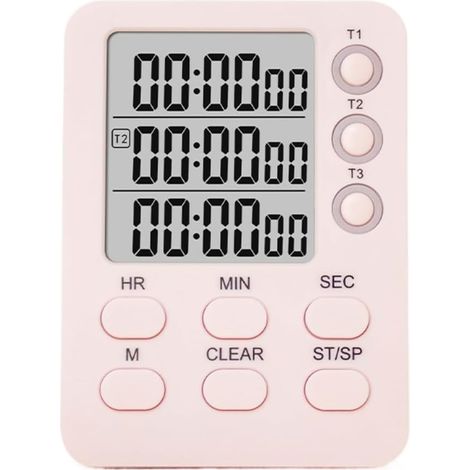 rose Minuteur numérique multifonctionnel, compte à rebours indépendant à 3 canaux avec dos magnétique, grand écran LCD– Batterie excluse (1/5)
