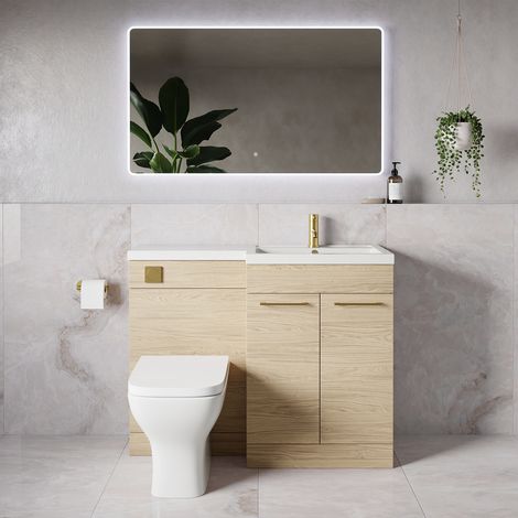 Napoli 390 Light Oak 1100mm 2 Door Vanity Unit Toilet Suite with Square Right Hand Lucia Basin - 1100mm - Brushed Brass 160mm HandleWith Kingston Toilet Pan and Seat