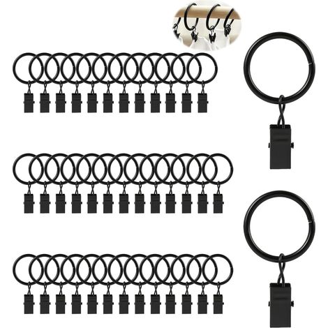 Ensemble de 40 Anneaux de Rideaux en métal Noir avec Pinces Robustes - Antirouille et faciles à Installer - pour Rideaux de Douche, fenêtres, Chambres, Design élégant pour Tous Types de Rideaux (1/5)