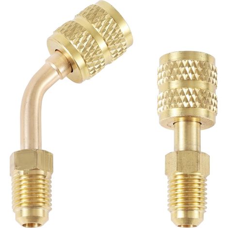 2pcs Adaptateur R410a pour Mini Split System, Adaptateur Droit et Coudé à 45° Adaptateurs Port Charge sous Vide 5/16" SAE Femelle vers 1/4" SAE Mâle Flare pour Réfrigération Climatiseur HVAC (1/5)