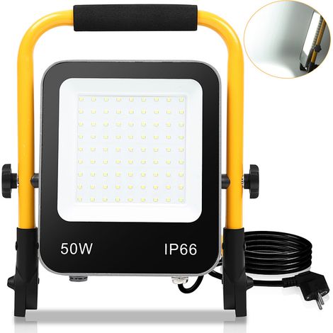TolleTour Faro LED da cantiere Lampada da lavoro, Proiettore LED 50W 5100LM, 6000K Luce fredda Lampada da esposizione Faro, IP66 Impermeabile, Cavo 3M