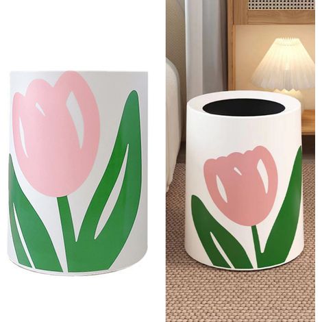 Poubelle ronde de grande taille, à motif floral et à grande ouverture. Design moderne et mignon. Idéale pour la cuisine, la salle de bain et la chambre. (1/5)