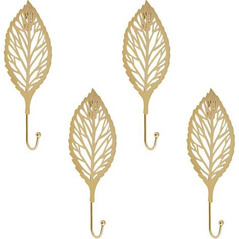 Crochets - Lot de 4 - Crochets en fer en forme de feuille - Crochets muraux dorés en forme de feuille - Porte-clés moderne - Crochet mural à une seule branche, idéal pour la maison et le bureau (1/5)