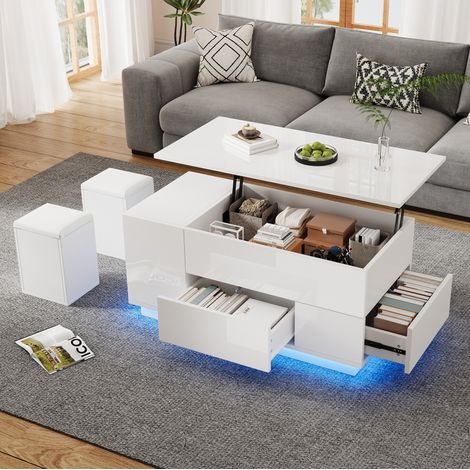 Table basse relevable 100x50x45 cm blanche en panneau de particules avec LED et rangements (1/5)