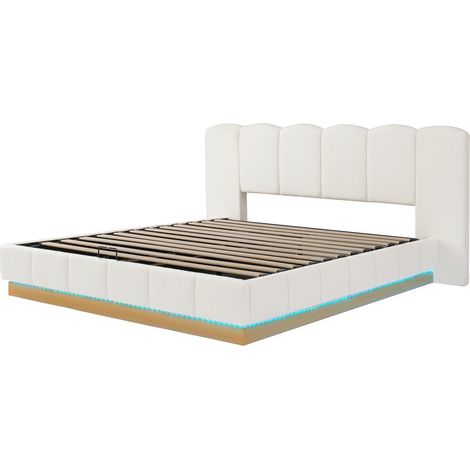 Letto matrimoniale 180x200 cm con contenitore idraulico, LED, testiera e rete bianco bouclé (1/5)