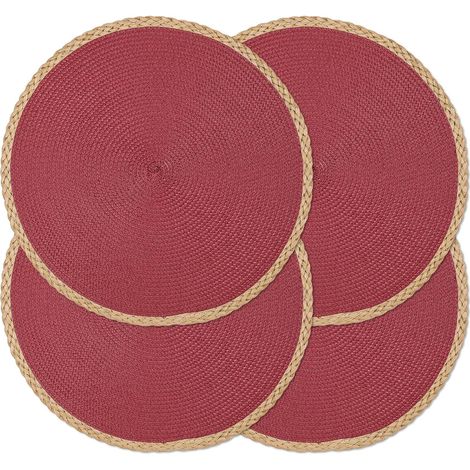 Lot de 4 sets de table ronds tressés, 38,1 cm, sets de table tissés, antidérapants, lavables, bords fins, pour décor de table de cuisine/salle à manger (Rouge baie, 4)'Bord Fin Marron, Rouge Baie 4 pc