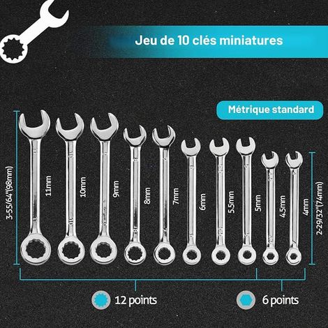 Lot de 10 mini clés mixtes 4-11mm, acier carbone pour auto maison (1/3)