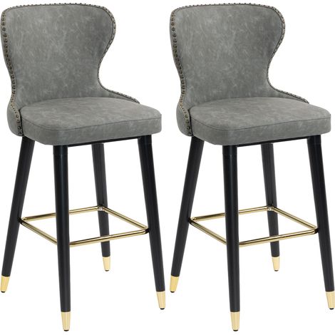 HOMCOM Bar Stools Set of 2, Dining Stools with Backrest, Footrest, Grey