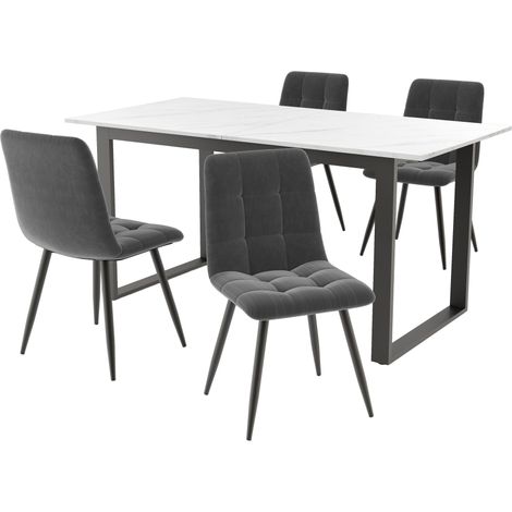Ensemble de salle à manger (set, table à manger 140/180×80×75 cm avec 4 chaises), ensemble de table de cuisine moderne, chaises de salle à manger en velours gris, plateau de table MDF blanc, pieds de (1/5)