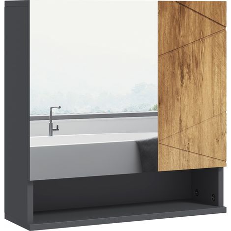 Armoire murale miroir salle bain placard rangement 2 portes 55 x 17 x 55 cm naturel gris foncé