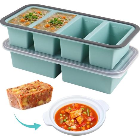 Set di 2 stampi in silicone per congelatore con coperchi – Contenitori individuali per zuppe, salse e pappe per bambini – Impilabili e a prova di perdite – Ideali per la preparazione dei pasti (1/5)