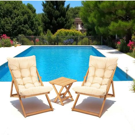 Salon jardin détente 2 places beige - bois et toile SORA (1/5)