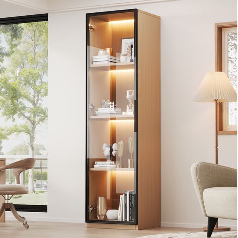 Vetrina stretta in MDF effetto rovere, 40 x 40 x 165 cm, anta in vetro temperato, LED multicolore (1/5)