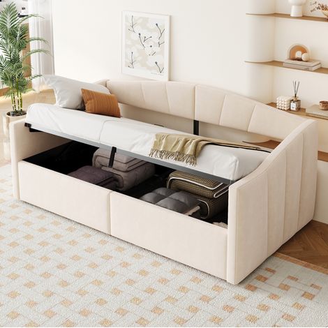 Polsterbett Schlafsofa 90/200 cm Beige aus Samt mit hydraulischem Stauraum (1/5)