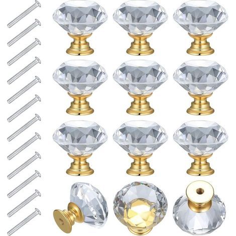 12PCS 30mm Crystal Furniture Knobs, Gold-Plated Drawer Knobs, Transparent Cabinet Handles, Kitchen Cupboard Handles, Crystal Door Knobs (1/5)