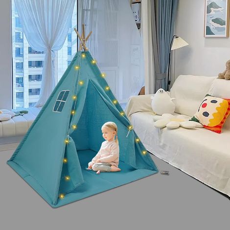 Tente tipi pour enfant - 120 x 120 x 140 cm - En coton - Avec tapis et guirlande lumineuse - Tente de jeu pliable - Idéale pour chambre d'enfant, chambre à coucher - Bleu