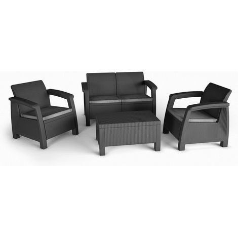 KETER Bahamas: Conjunto exterior de resina efecto ratán con cojines, sofá doble 127x70x79, 2 sillones 74x70x79, mesa 77x57x42. (1/5)
