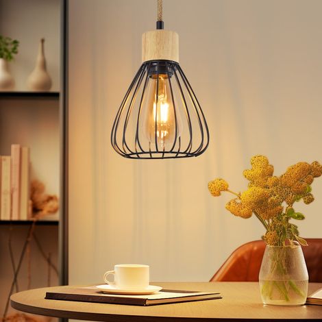 ZMH Lampe à Suspendre Table à Manger Vintage - Lampe de Salle à Manger Noir Salle à Manger Suspension Métal 1 Flamme Rétro Corde de Chanvre en Bois Industriel E27 Lampe à Suspendre (sans ampoules) (1/5)
