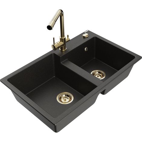Mexen Tomas Granitspüle 2-becken mit Küchenarmatur Duero, schwarz/gold metallisch - 6516-75-671600-50 (1/5)
