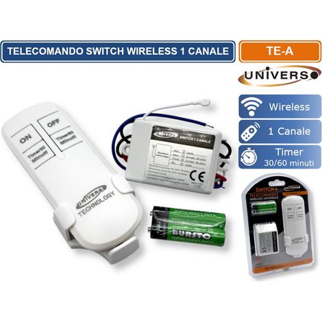 UNIVERSO TE-A TELECOMANDO WIRELESS SWITCH 1 CANALE ON-OFF CON TIMER 30-60 MINUTI PORTATA FINO A 100 M IN CAMPO APERTO