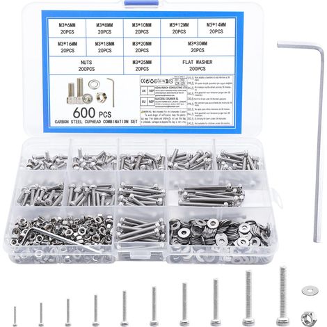 Lot économique de 600 pcs de vis M3 à tête cylindrique avec clé Allen, Ensemble d’assortiment de vis, écrous et rondelles, Coffret pour réparations de vélos (1/5)