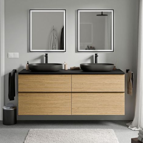 BERNSTEIN - Mueble lavabo suspendido MDF Roble Miel, encimera de lavabo Negro Mate, tirador Cromado 160x46x62cm - LAVOA cromo, Roble Miel Oro, Negro mate