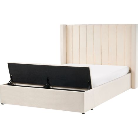 Letto matrimoniale velluto bianco sporco rete a doghe e cassapanca 140 x 200 cm Noyers