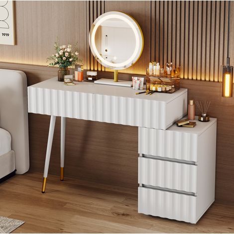 LED-Schminktisch mit Spiegel, 100 x 40 x 127 cm, 5 Schubladen, weiß HAVRYA (1/5)