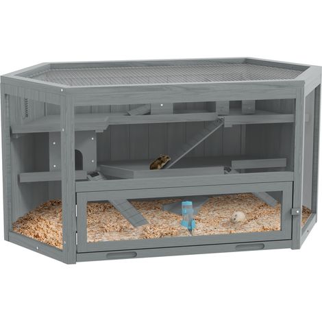 Gabbia esagonale a 3 livelli per roditori in legno e rete metallica 115 x 60 x 55 cm grigia MODENUIT (1/5)