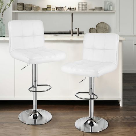 Rattantree - Lot de 2 Tabouret de bar - Hauteur réglable 85-115 cm - Pivotant sur 360° - Revêtement en PU - Avec Dossier et Repose-Pieds - sans Accoudoirs - Matelassé - Piètement Chromé - Blanc (1/5)