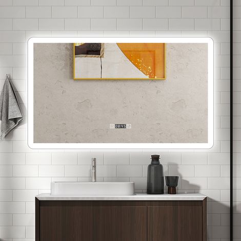 AICA Specchio da bagno rettangolare 160x80cm con LED, Antiappannamento,orologio,3 colori temperatura e luminosità regolabili, Funzione Memoria,IP44 (1/5)