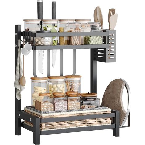 Étagère à Épices à 2 Niveaux en Acier Inoxydable pour Rangement de Cuisine, Porte-épices, Organisateur de Cuisine pour Comptoir avec porte-ustensiles, Support pour Planche à Découper, Noir (1/5)