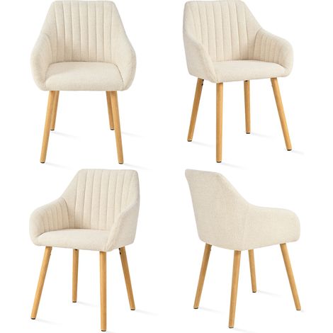 Minimalist dining chairs with comfortable backrests, ergonomic armrests and sturdy wooden legs – Set of 4 - white-Chenille