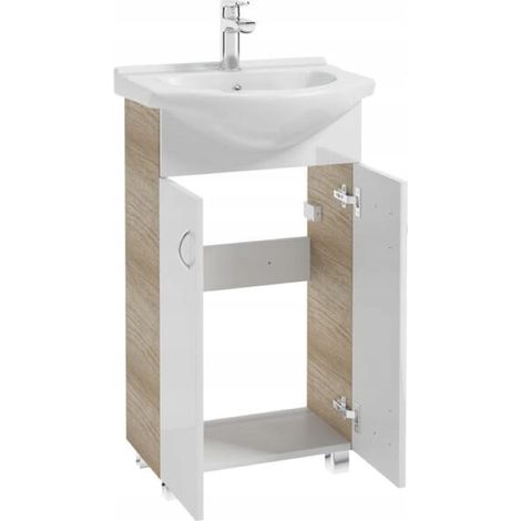 Meuble de salle de bains avec vasque sur pied, chêne, 50 x 86 cm, robinetterie chromée allongée (1/5)