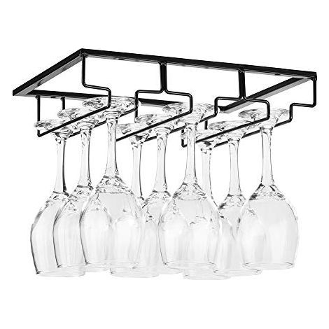 Support de Verre à Vin - Porte-Verres à Pied Suspendu sous Armoire en Métal avec Vis, Support de Rangement pour Verre en Fer Inoxydable avec 3 Rangées pour Cuisine, Bar, Restaurant Noir