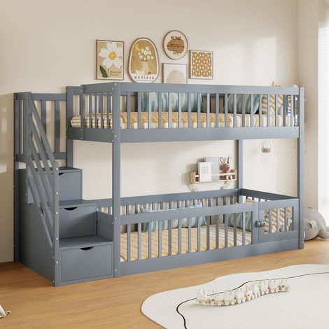 Litera infantil 90x200 cm gris de madera maciza con escalera con cajones y barreras de seguridad (1/5)