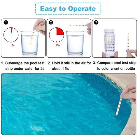 50 bandelettes de test 6 en 1 pour piscine : chlore résiduel, pH, alcalinité, dureté, acide. (1/3)