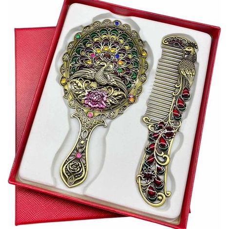 Miroir à main vintage avec peigne, en alliage de zinc avec strass et motif papillon, miroir de maquillage compact pour coiffeuse, sac et voyage (1/5)