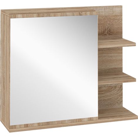 Armoire de salle de bain avec miroir, 3 étagères ouvertes et 1 étagère intérieure, style moderne, 60 x 18 x 50 cm, finition naturelle (1/5)