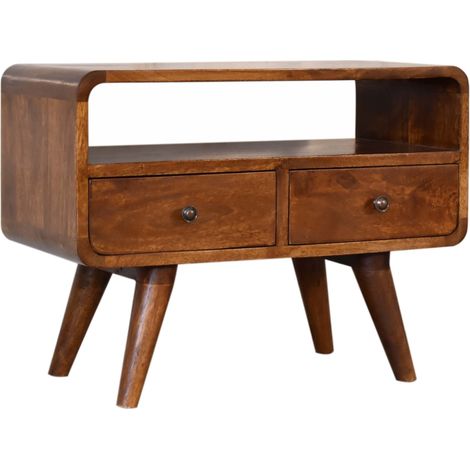 Meuble TV incurvé en bois massif châtaignier, 2 tiroirs + niche ouverte, design moderne, marron foncé, pour salon (1/4)