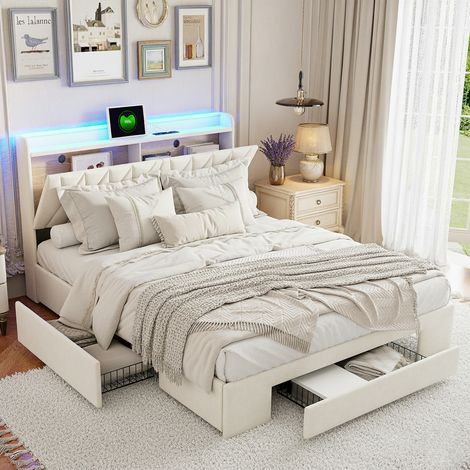 Tanant – Lit double 140x190 cm avec 4 tiroirs – Éclairage LED multicolore – Prises USB intégrées – Tissu velours beige – Capacité 250 kg (1/5)