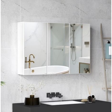 Armario espejo de baño con 3 puertas, mural, 90 x 15,5 x 60 cm, aglomerado, blanco, OKWISH (1/5)