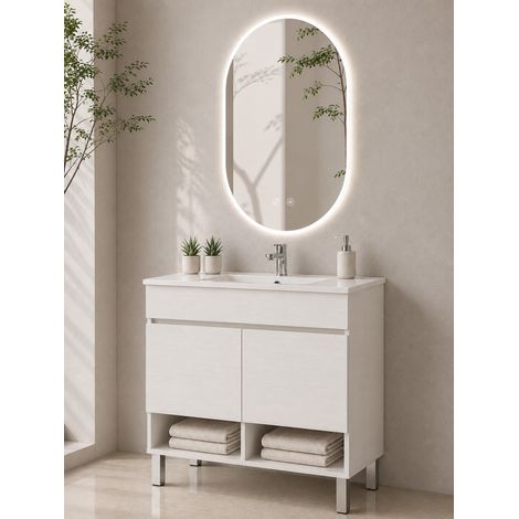 Mobile bagno con piedini con lavabo extrapiano ORIGENBATH NEBARI con piedini e ante senza specchio 70x45 cm bianco nordico (1/5)