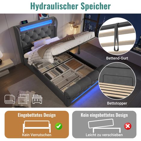 Lit 1 place design rembourré 90x200 cm, luminaire LED encastré, tête de lit rangement avec prises USB et Type-C, coffre hydraulique, gris, tissu velours. (Sans matelas) (1/5)
