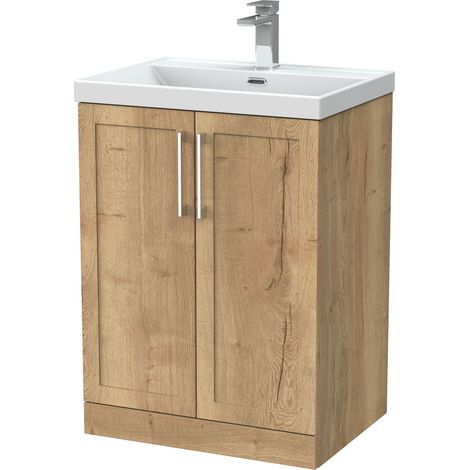 Stonnall Traditional Floor Standing 2 Door Vanity Unit with Thin-Edge Ceramic Basin, 600mm, Autumn Oak