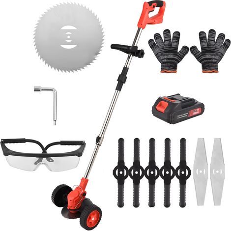 Débroussailleuse électrique sans fil à piles avec roues, 3 lames différentes, manche pliable, idéale pour pelouses, jardins et terrasses. (1/5)